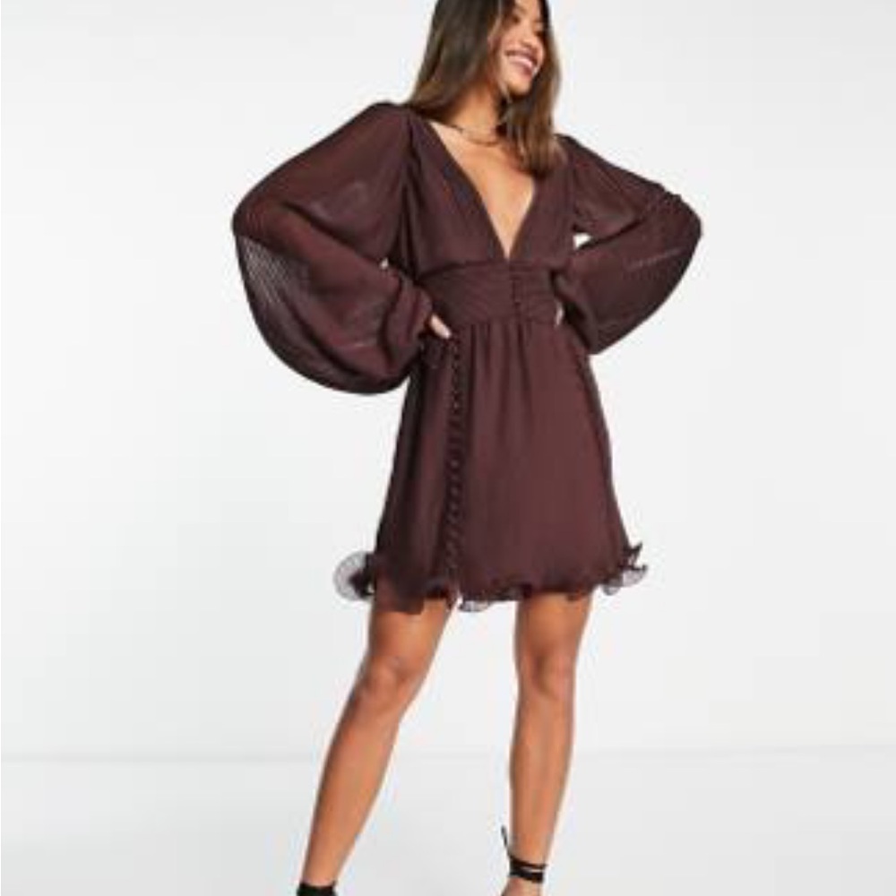 ASOS Pleated Mini with Frill Hem in Burgundy